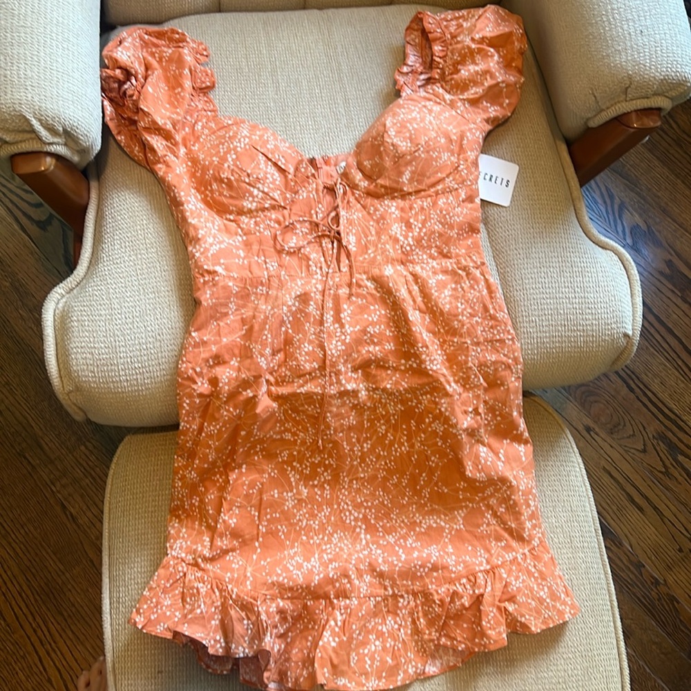 This is an orange/ rust colored printed mini dress. NWT size small